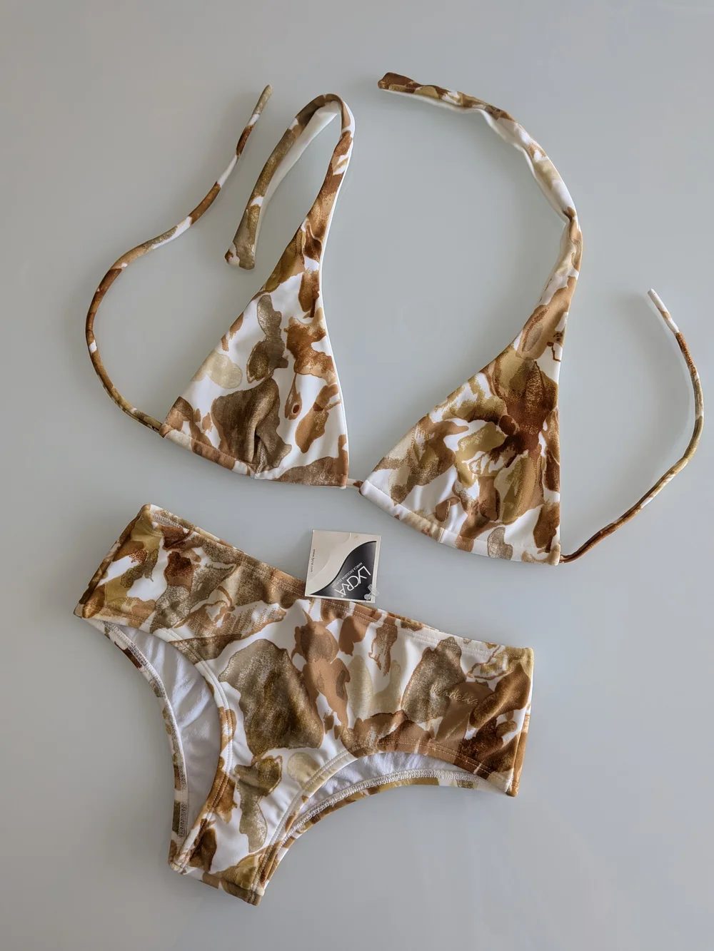 Brown White Abstract Bikini Set Halter Triangle Hipster Swimwear S 2 Pieces NWT